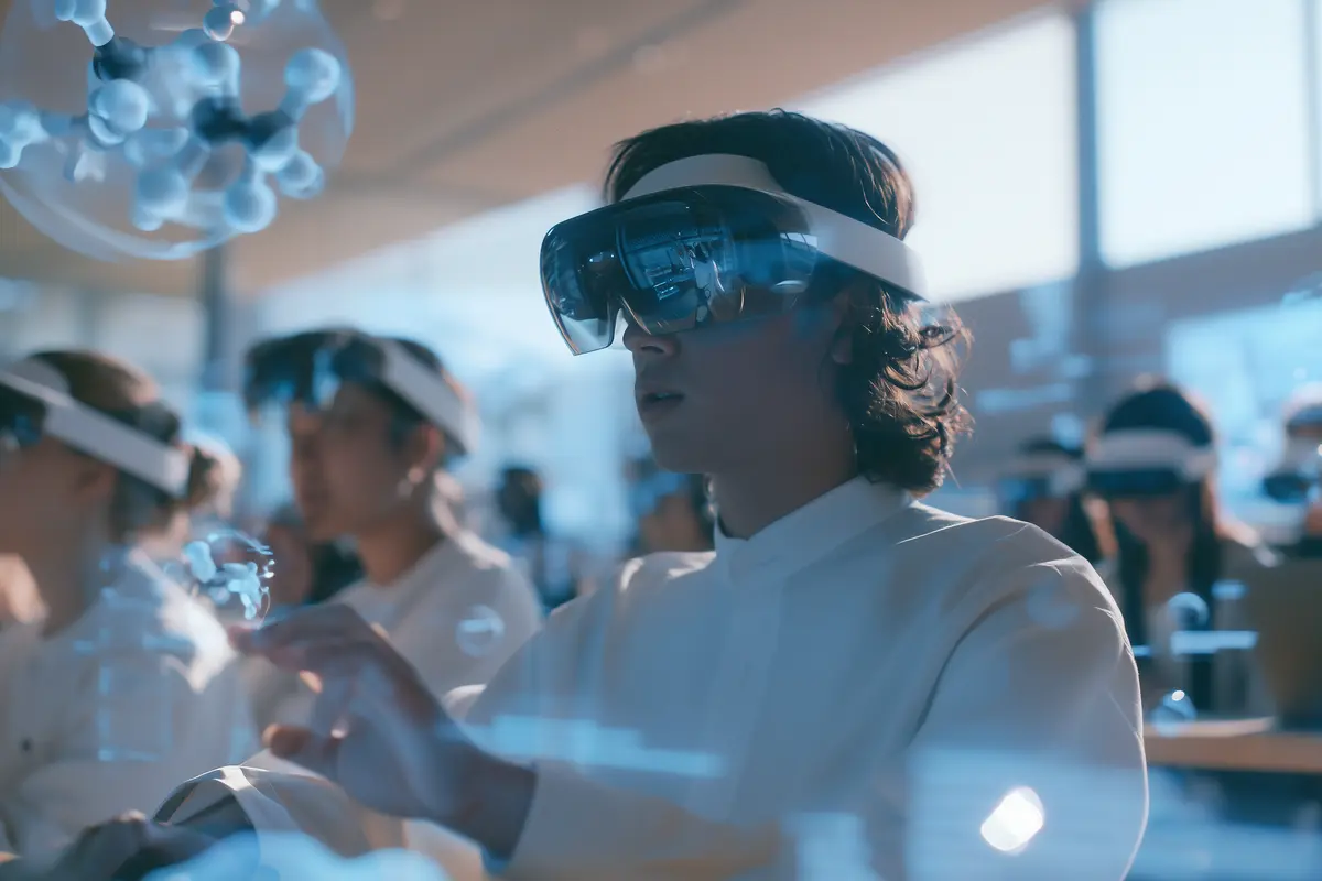 University students with HoloLens glasses interacting with 3D models in Spatial Computing educational classroom