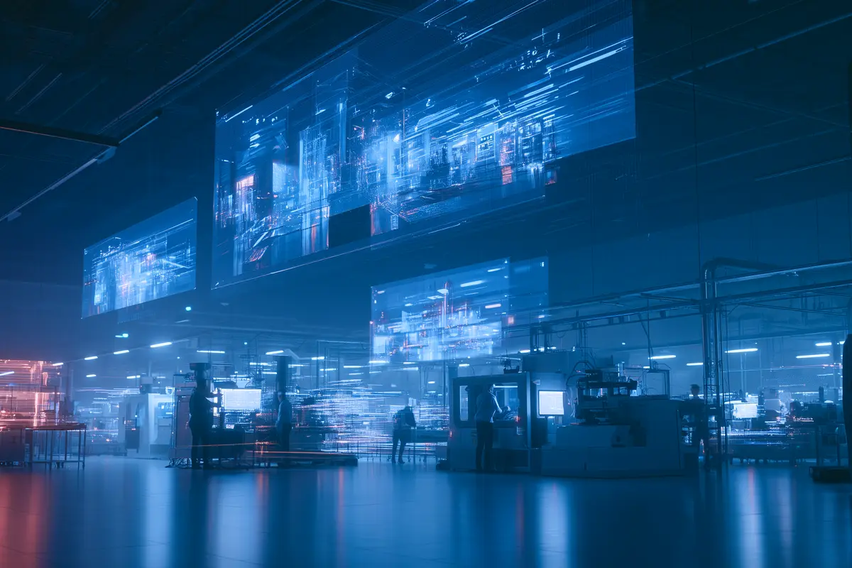 Futuristic industrial plant with Spatial Computing data visualizations in physical space
