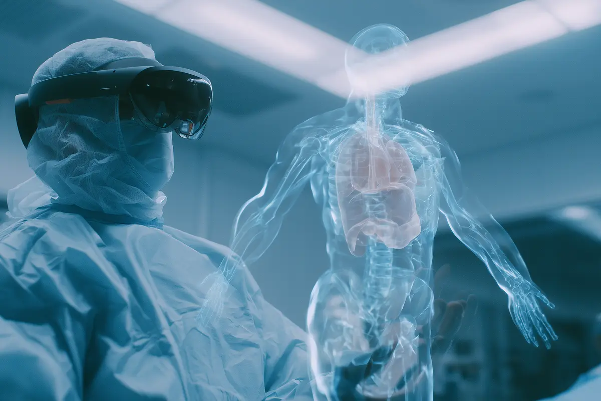 Surgeon with HoloLens glasses visualizing holographic 3D patient anatomy in operating room with Spatial Computing