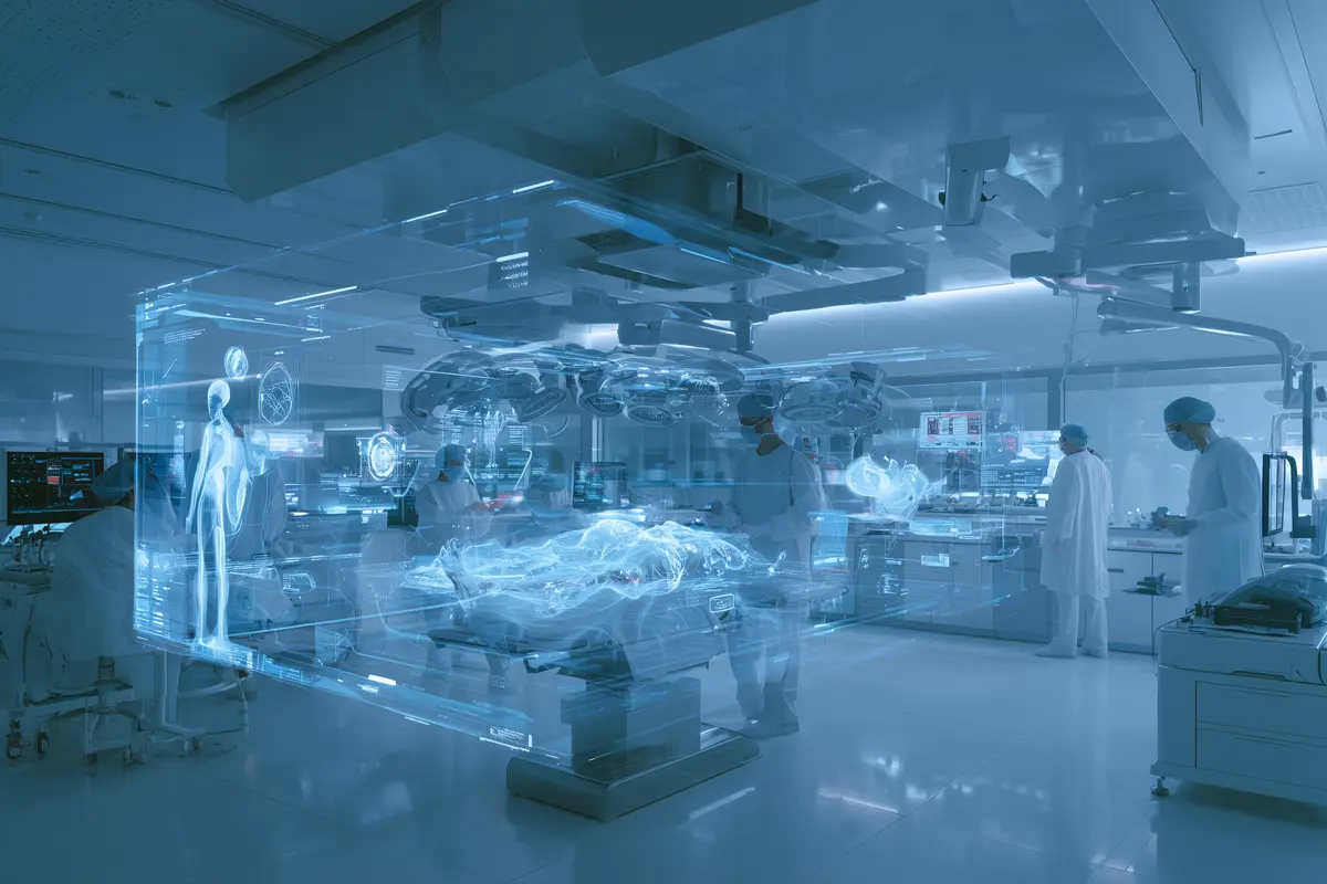 Medical simulation room with students using Spatial Computing for immersive clinical training