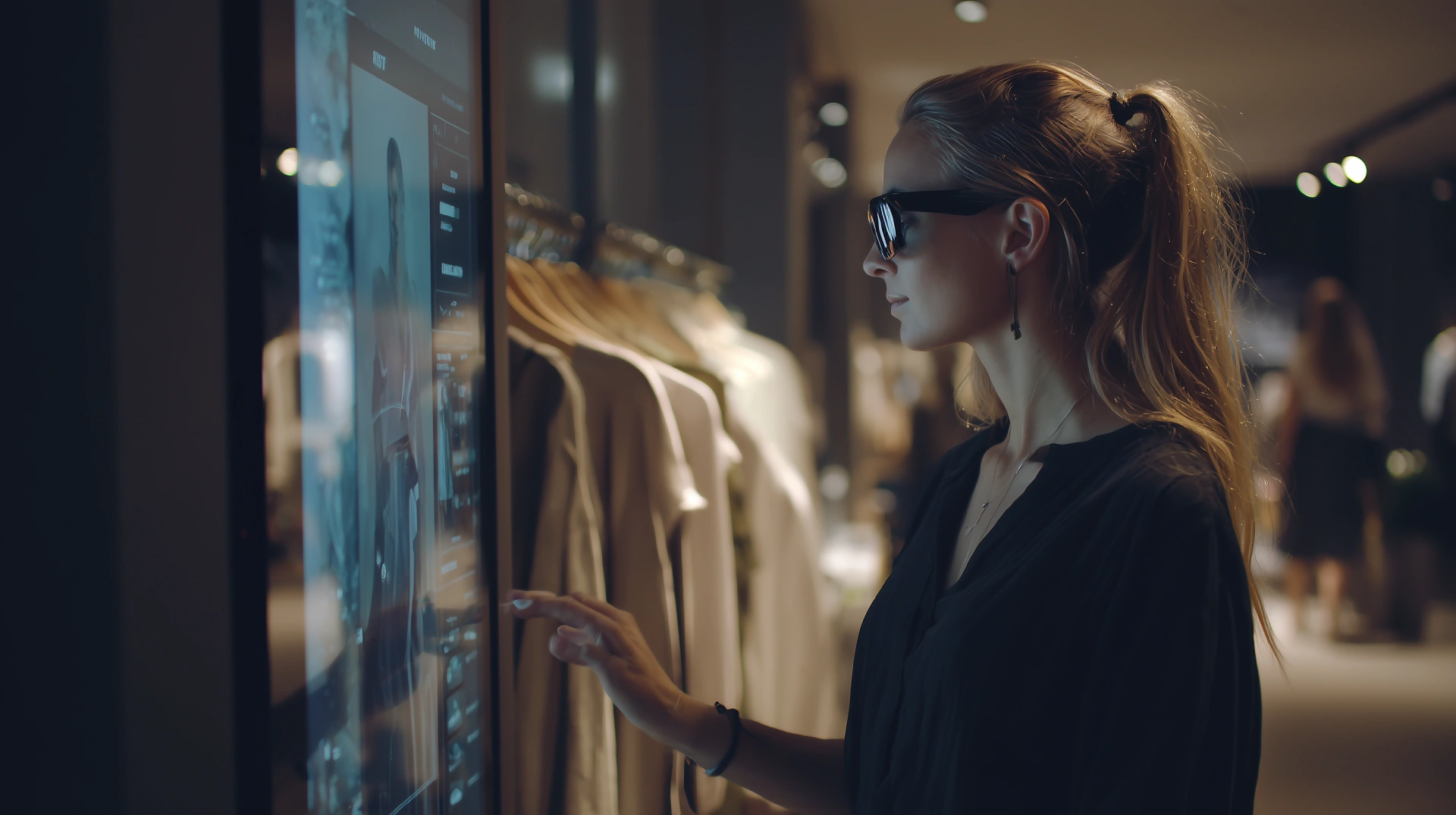 Cliente en tienda usando gestos para interactuar con una pantalla sin contacto gracias a tecnolog&iacute;a de Spatial Computing.