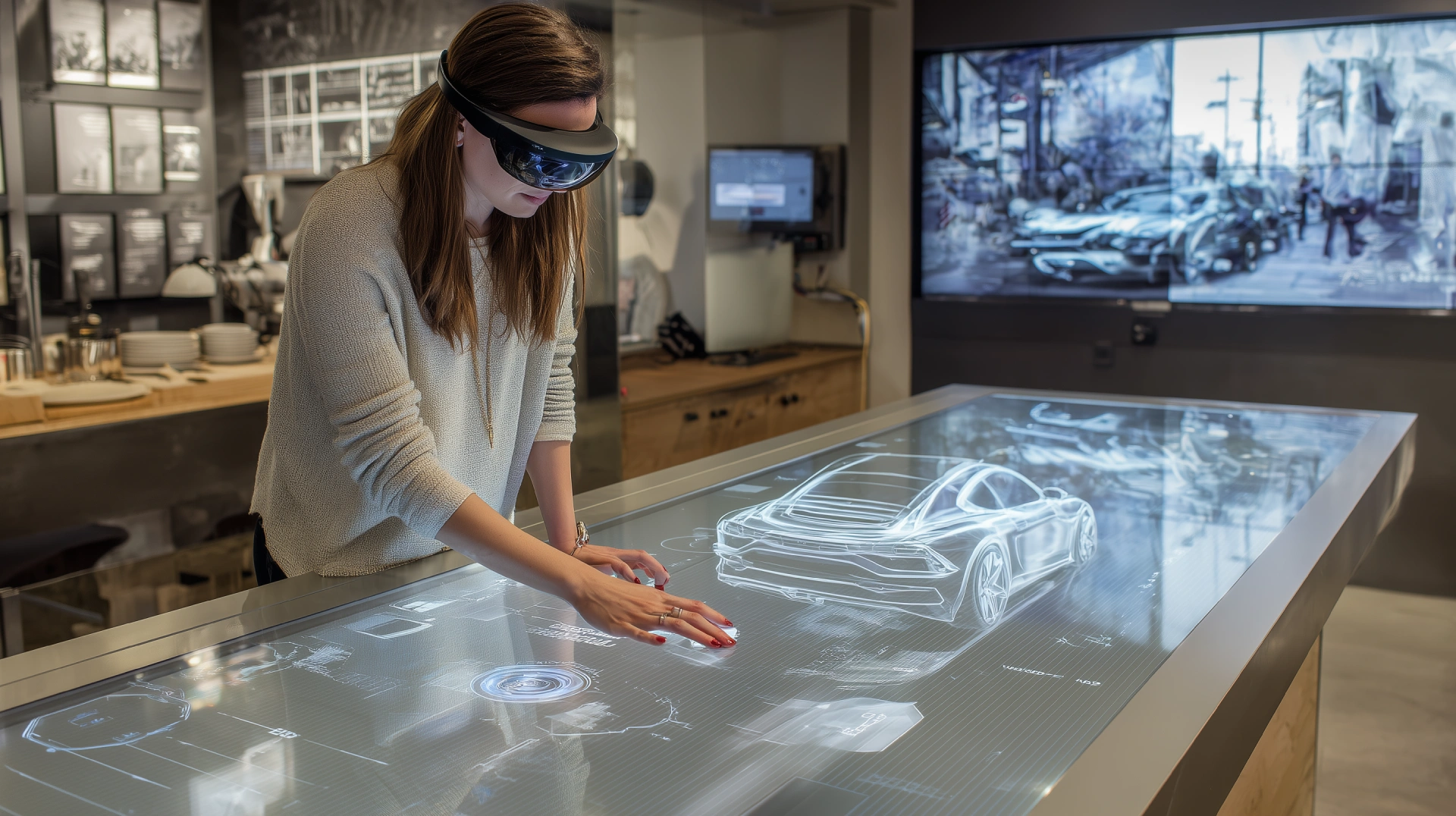 Zona de demostración en tienda que proyecta animaciones al acercarse el cliente, usando sensores y Spatial Computing.