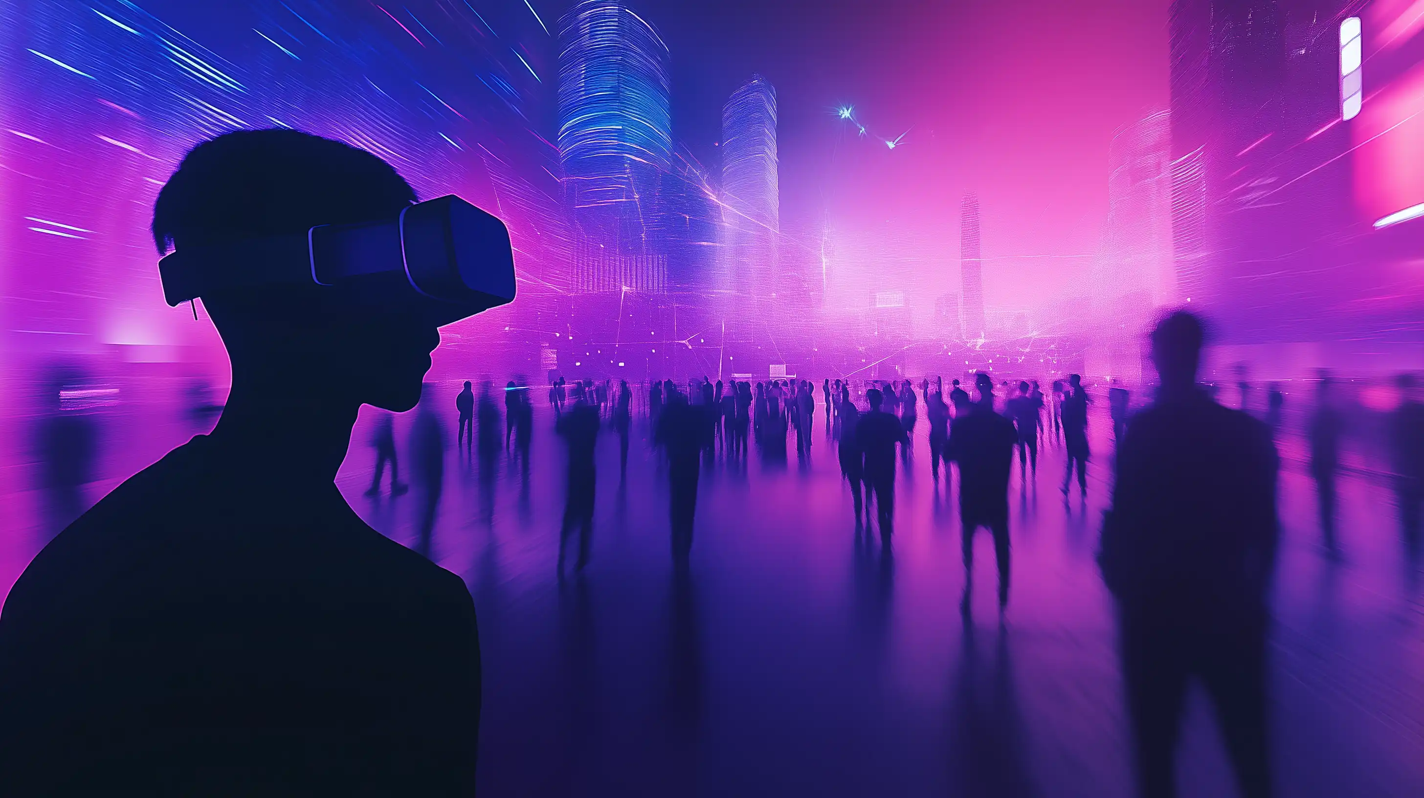 Usuarios con gafas de Realidad Virtual en un entorno futurista