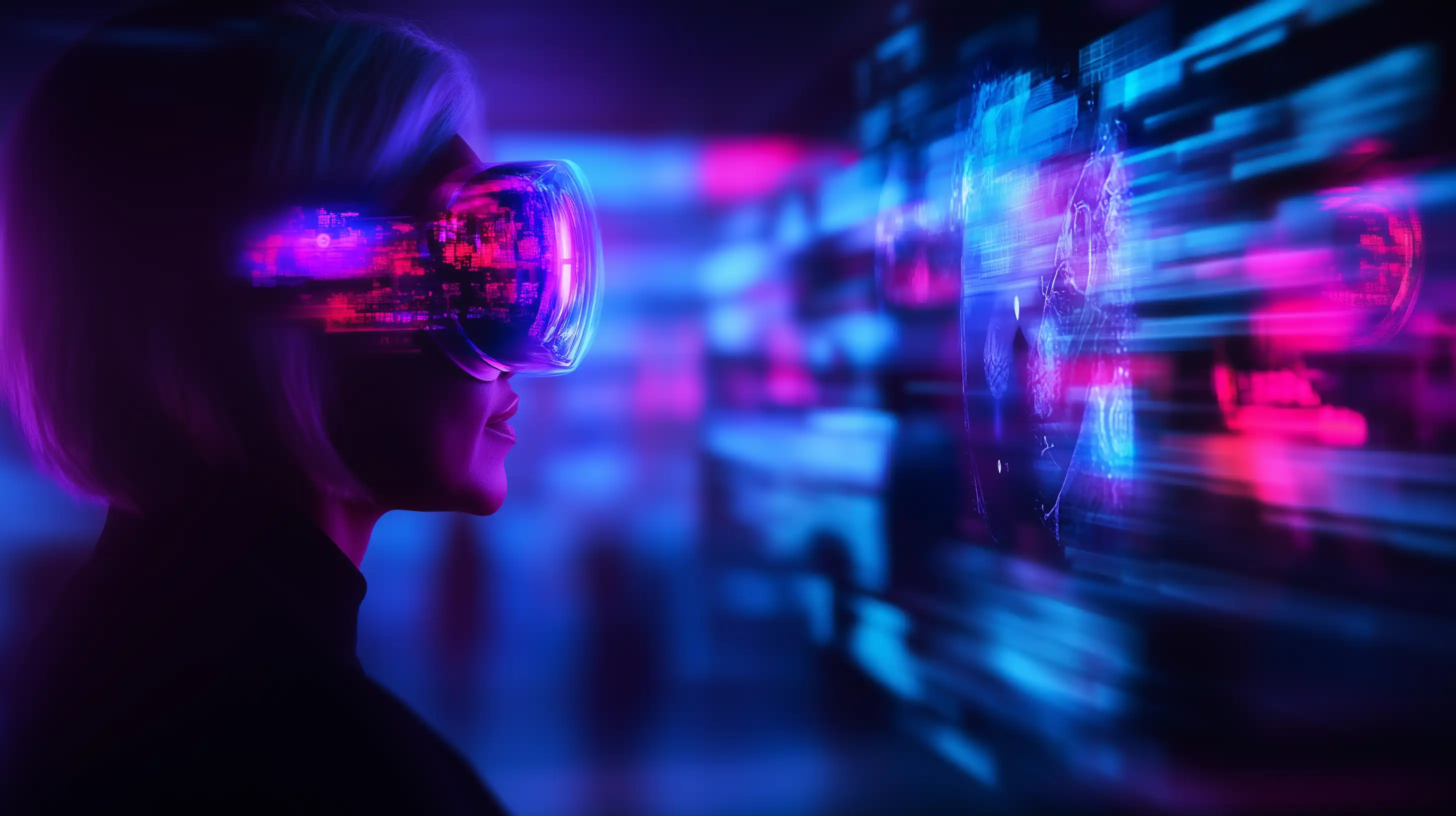 Mujer utilizando unas gafas de spatial computing similares a las Apple Vision Pro para visualizar interfaces digitales de forma holográfica